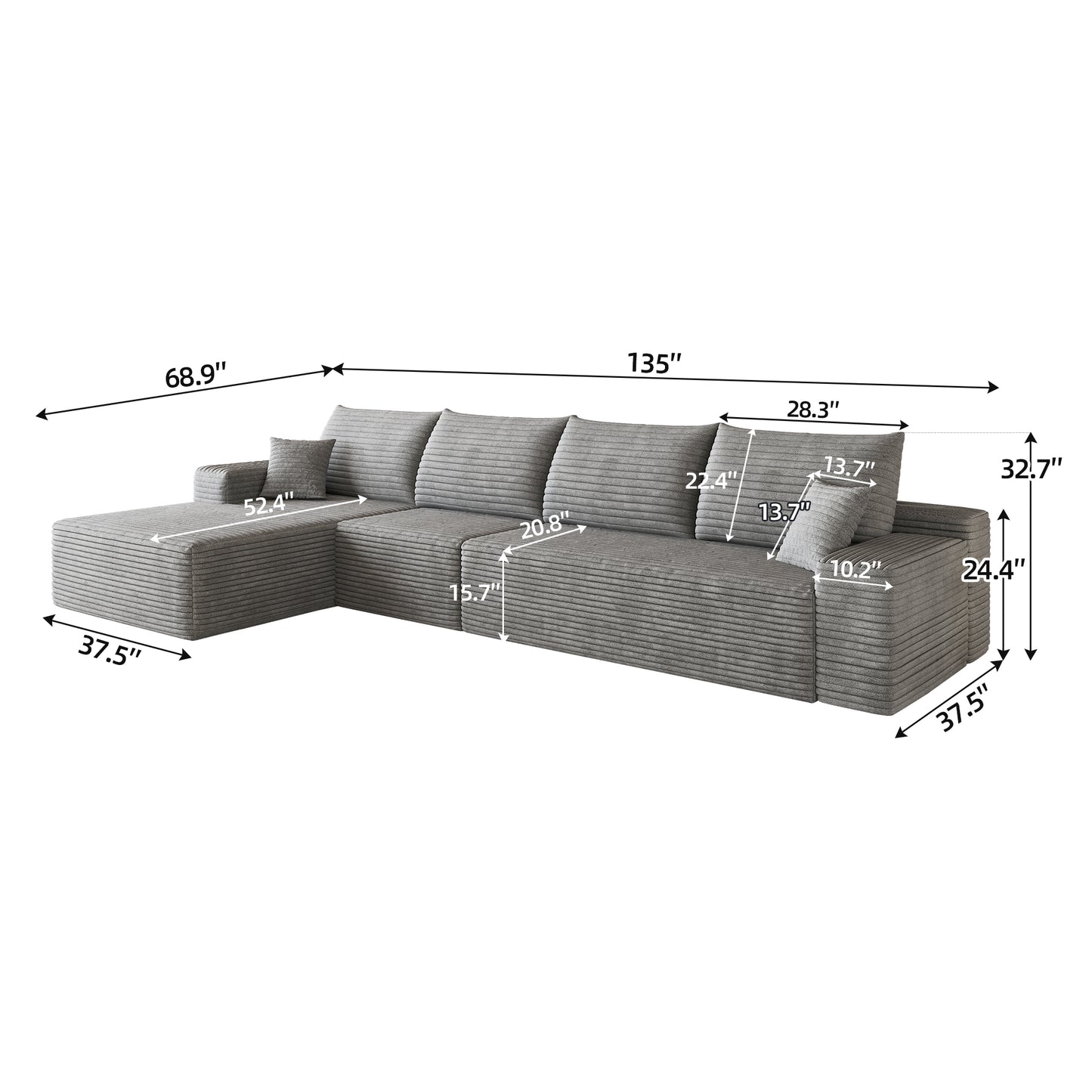 135" Cloud Sectional Couch with L-Shape Chaise,Modern Modular Sofa with Deep Seat, Upholstered Couches for Living Room Bedroom,No Assembly Required, Grey(Plush Corduroy Fabric) image 5