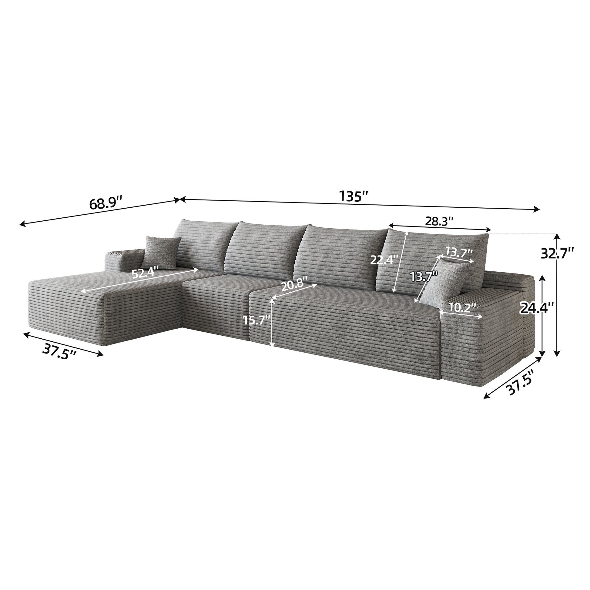 135" Cloud Sectional Couch with L-Shape Chaise,Modern Modular Sofa with Deep Seat, Upholstered Couches for Living Room Bedroom,No Assembly Required, Grey(Plush Corduroy Fabric) image 5
