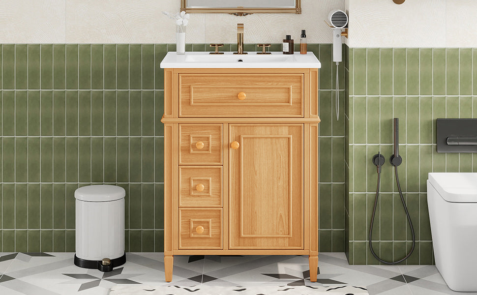 24" Bathroom Vanity with Sink, Wood Vanity Cabinet with Flip-Out Drawer, 2 Soft-Close Drawers, 1 Soft-Close Door, Solid Wood & MDF, Elegant Wood Handles image 6