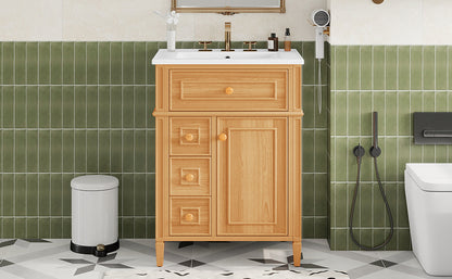 24" Bathroom Vanity with Sink, Wood Vanity Cabinet with Flip-Out Drawer, 2 Soft-Close Drawers, 1 Soft-Close Door, Solid Wood & MDF, Elegant Wood Handles image 6
