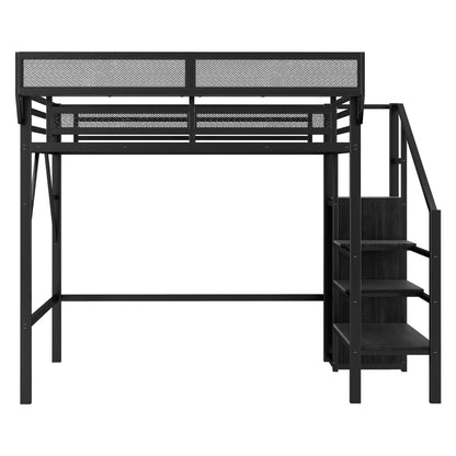 Twin Size Loft Bed with Stairs, Metal Full Loft Bed with Storage Shelves, High Loft Bed with Wardrobe for Kids Teens, Black image 8