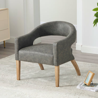 Modern Upholstered PU Open Back Accent Armchair Barrel Dining Chair with Weathered Rubberwood Legs, Hollow-Out Side Club Chair for Living Room Bedroom Restaurant Cafes Dining Room Reception,Gray image 3
