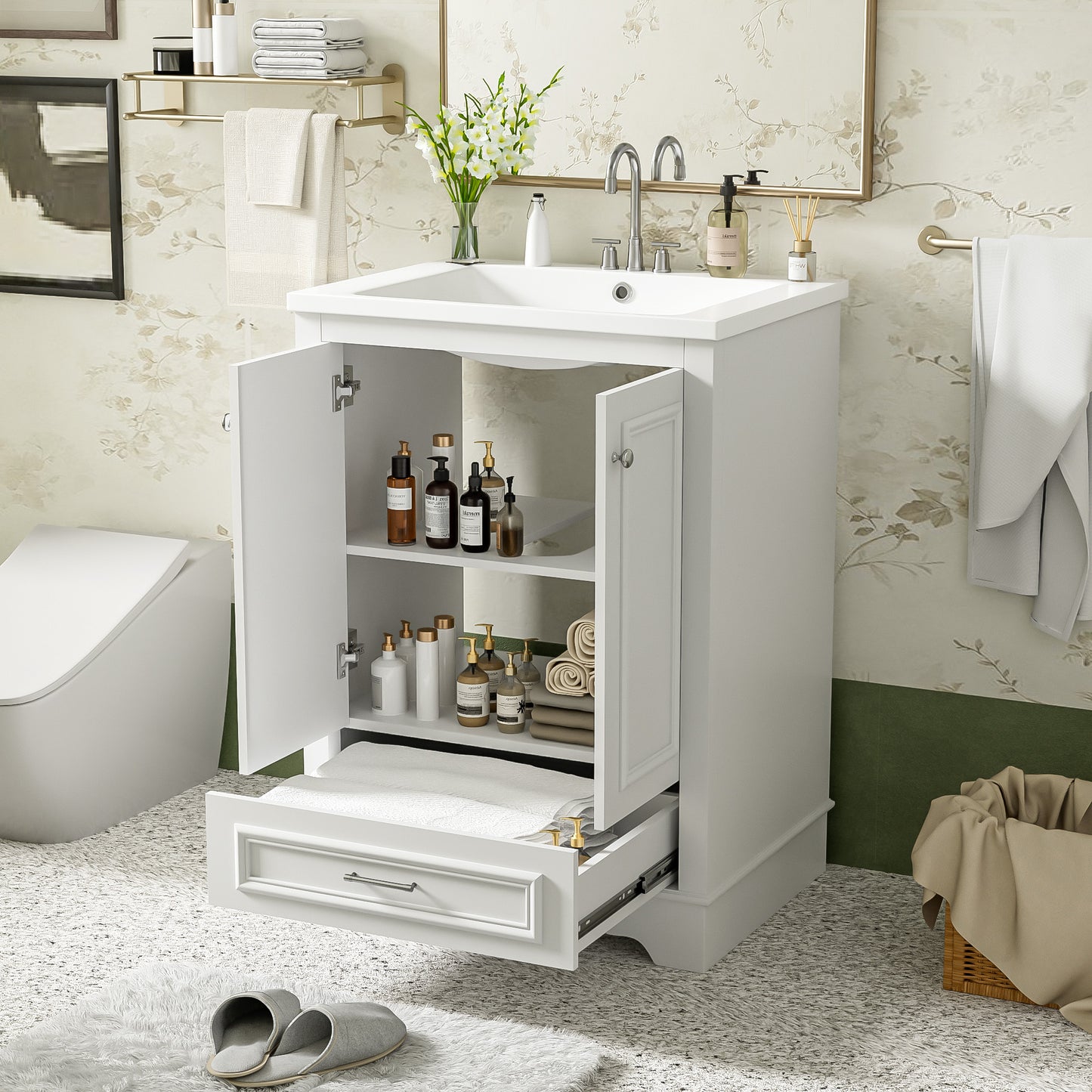 24'' Bathroom Vanity with Ceramic Sink Combo, Modern Freestanding Storage Cabinet with Silver Handles, Soft Closing Doors image 2