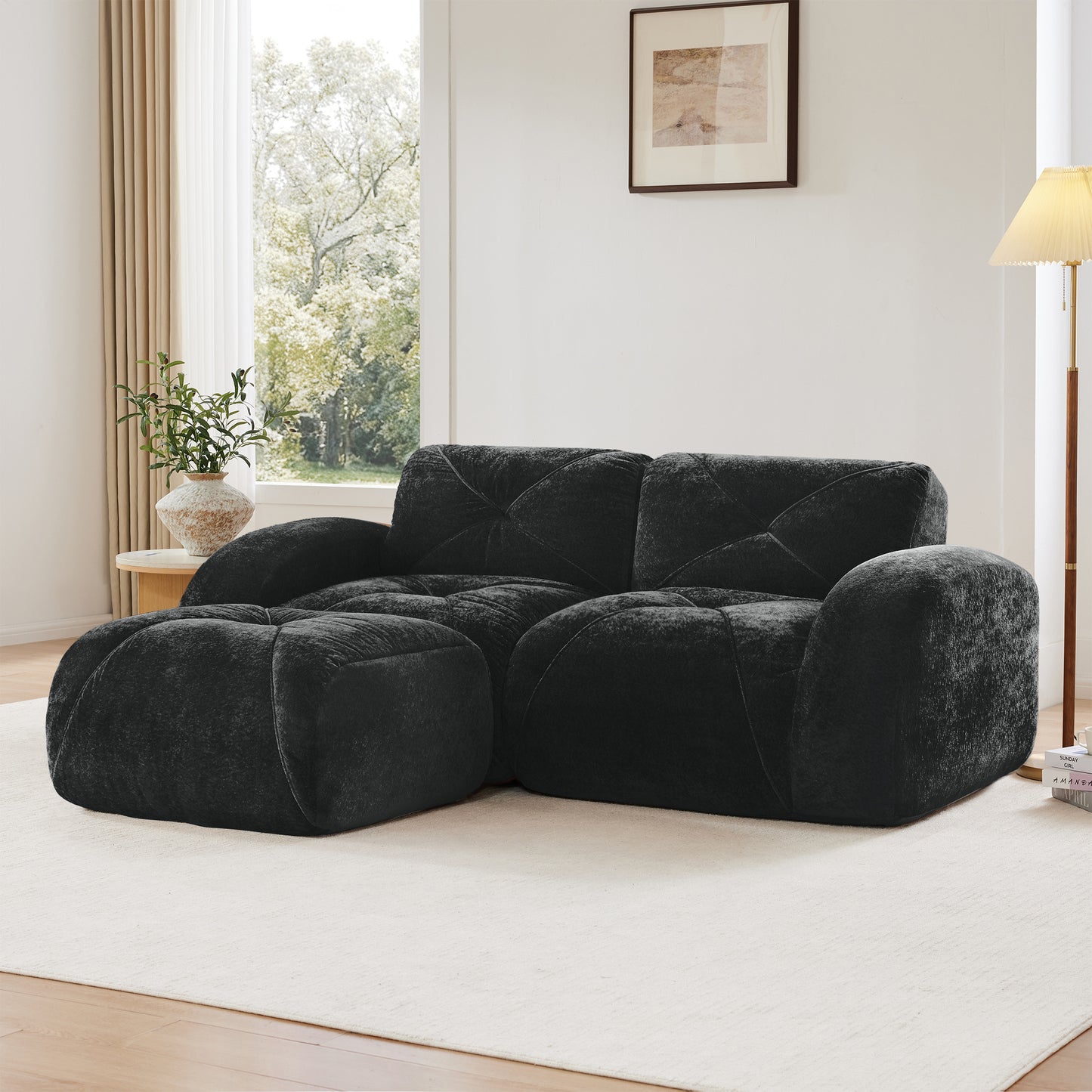 L-shaped Boneless Sofa,Soft Velvet Fabric,Tufted Design,32D High Density Sponge,No Assembly Required,Ergonomic Design Bottom, Anti-Slip Design,Movable Ottoman For Bedrooms,Black image 2