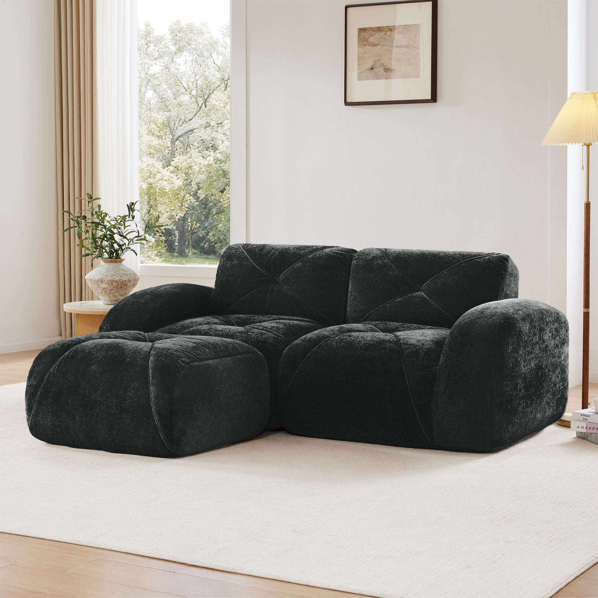 L-shaped Boneless Sofa,Soft Velvet Fabric,Tufted Design,32D High Density Sponge,No Assembly Required,Ergonomic Design Bottom, Anti-Slip Design,Movable Ottoman For Bedrooms,Black image 2