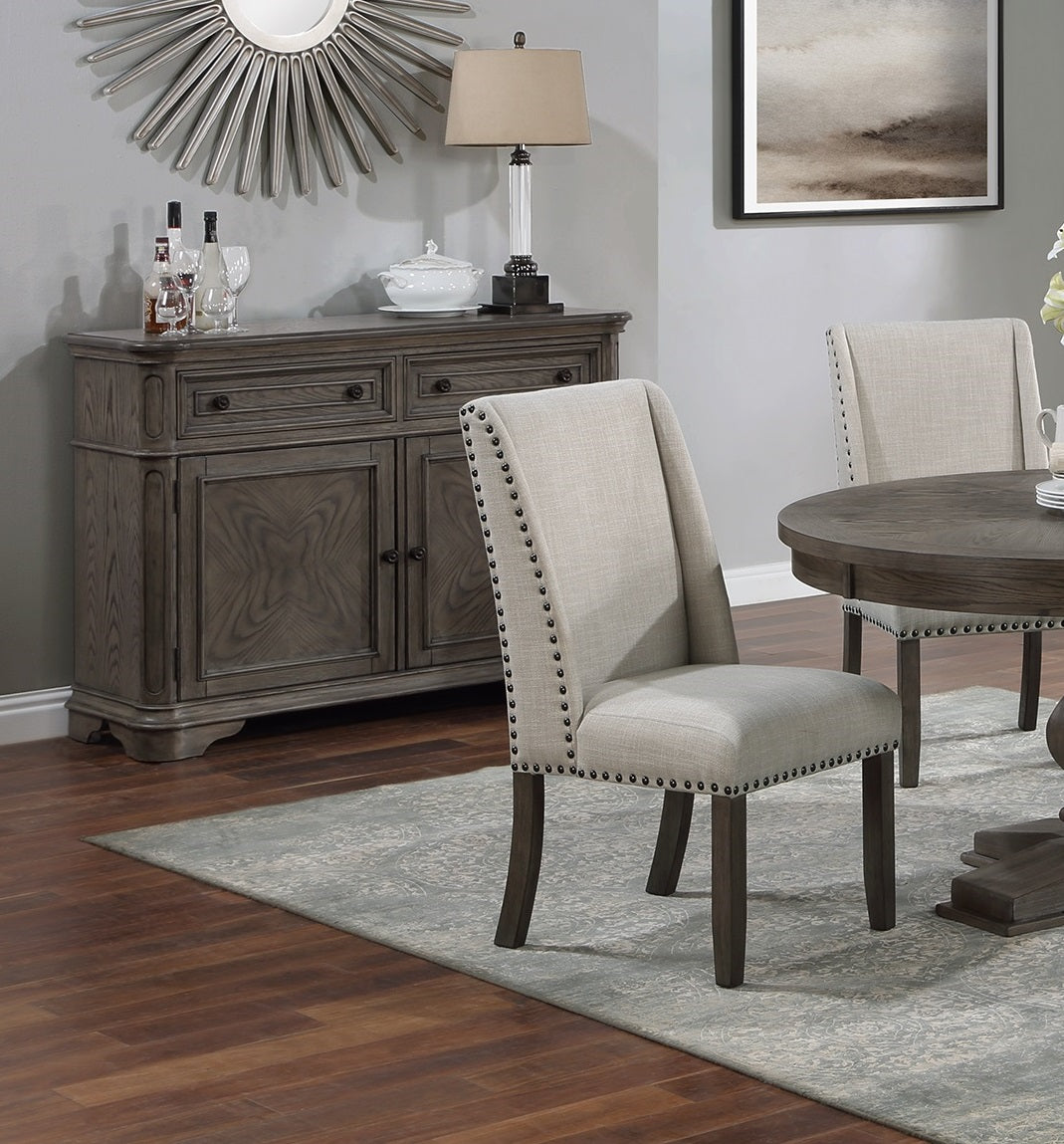 Traditional Formal 2pc Side Chairs Upholstered Wingback Design Oak Finish Dining Room Furniture Nailhead Trims Dining Chairs image 6