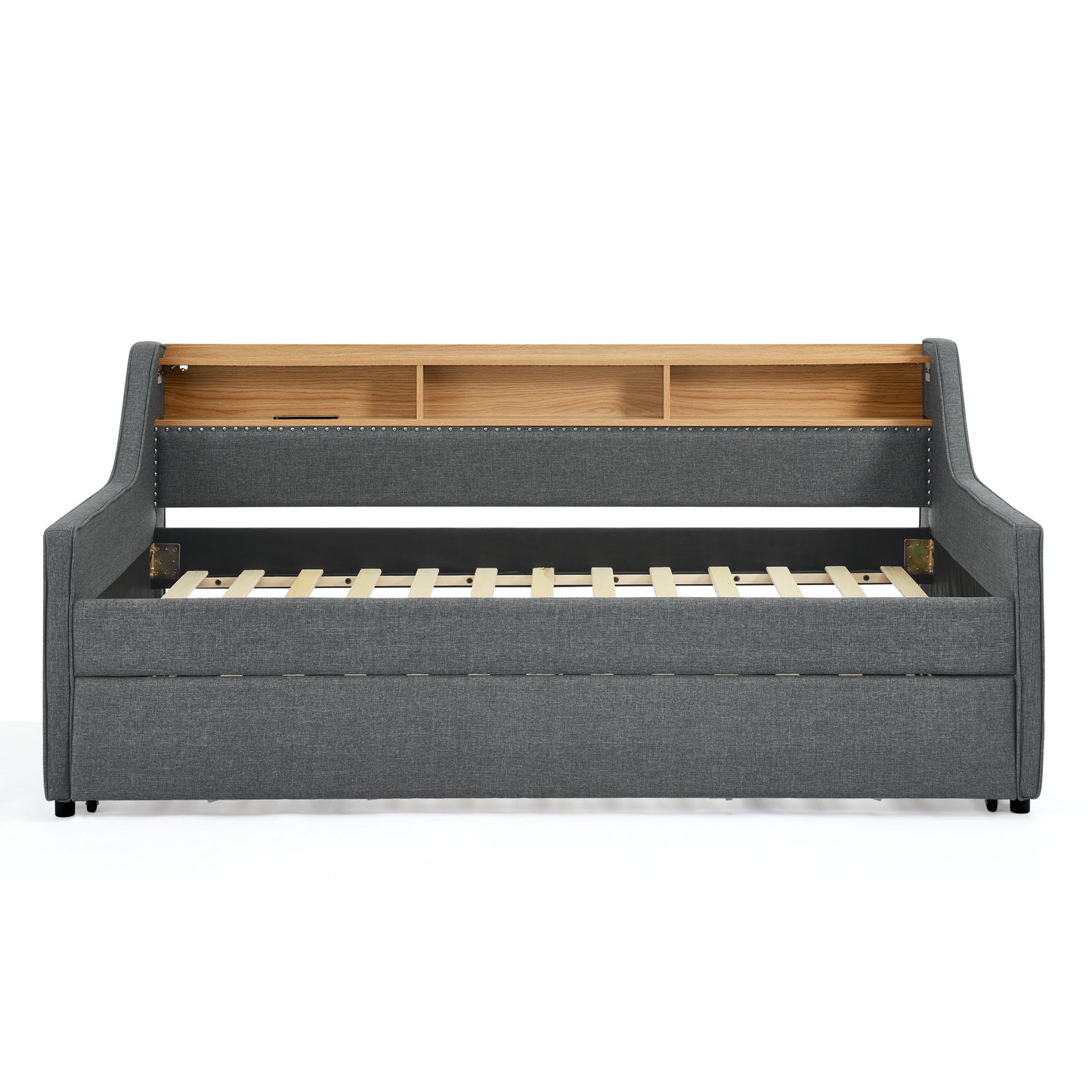 Twin Size Upholstery Sofa Bed with Three LED lights, with Storage Adjustable Headboard, with Foldable Leg Pull up Trundle Bed and Wireless Charging, Linen Padded Sofa Bed frame, Grey image 8