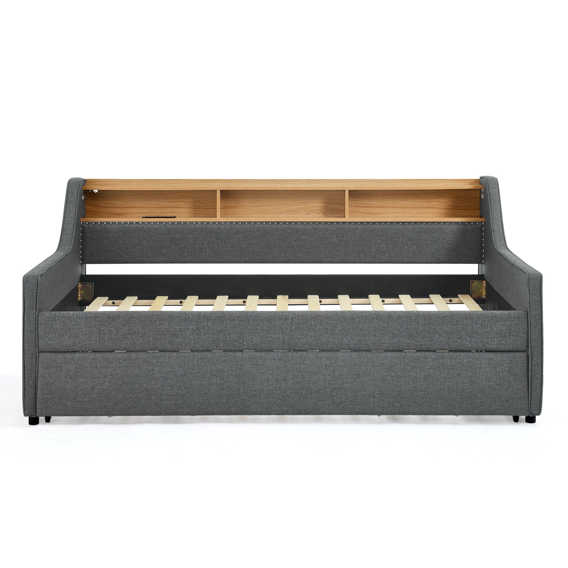 Twin Size Upholstery Sofa Bed with Three LED lights, with Storage Adjustable Headboard, with Foldable Leg Pull up Trundle Bed and Wireless Charging, Linen Padded Sofa Bed frame, Grey image 8