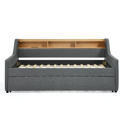 Twin Size Upholstery Sofa Bed with Three LED lights, with Storage Adjustable Headboard, with Foldable Leg Pull up Trundle Bed and Wireless Charging, Linen Padded Sofa Bed frame, Grey image 8