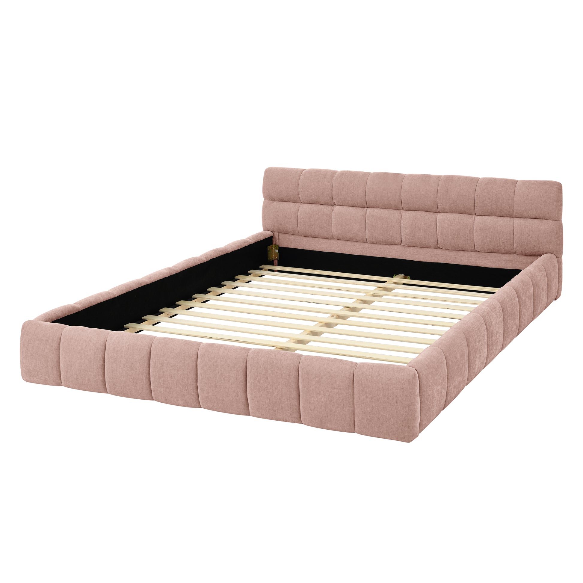 Queen Size Upholstered Bed Frame with Thick Fabric, Chenille Fabric Grounded Queen Size Platform Bed with Headboard and Solid Frame. No Box Spring Needed, PINK(68''*86.5''*23.5'') image 7