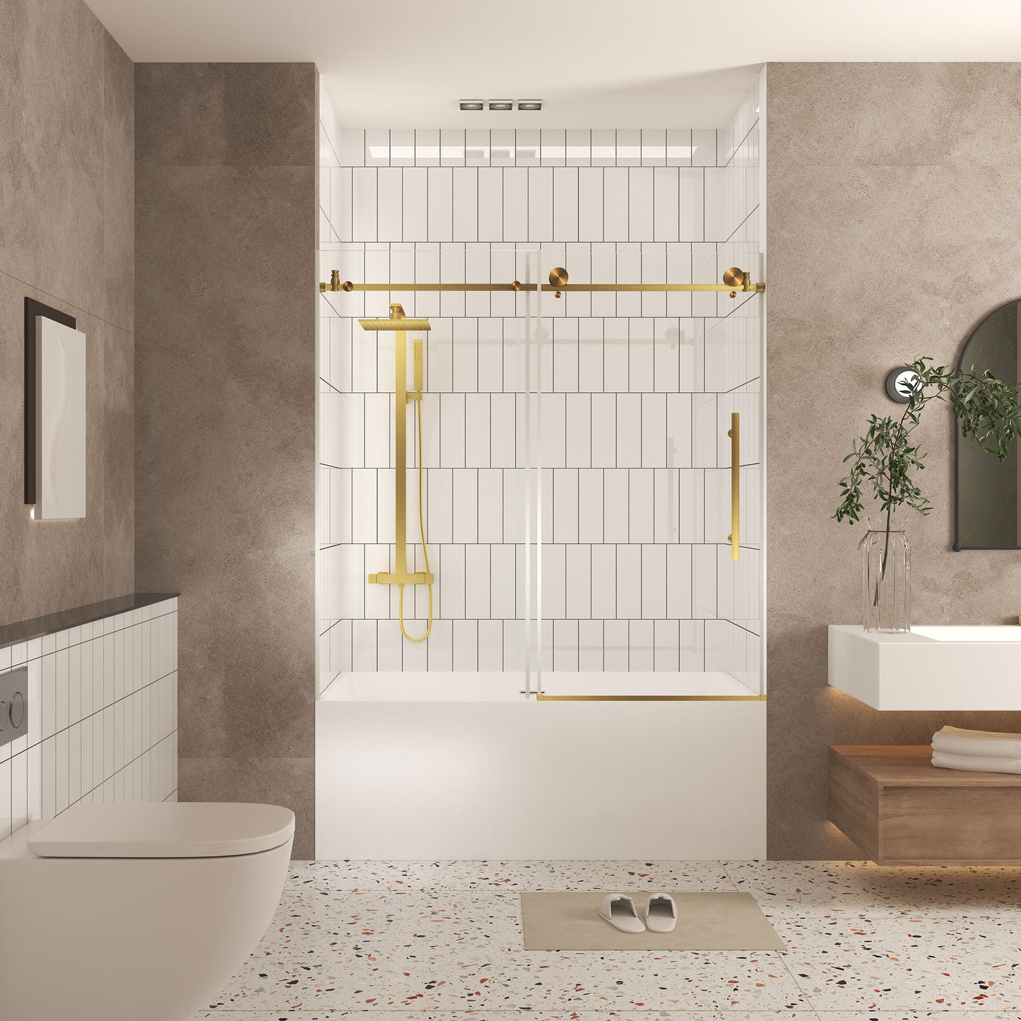 Frameless shower door 56-60 "W x 60" H, 1/4 "(6 mm) Clear Tempered Glass, Explosion Proof Film, Stainless Steel Handle,Brushed Gold image 2