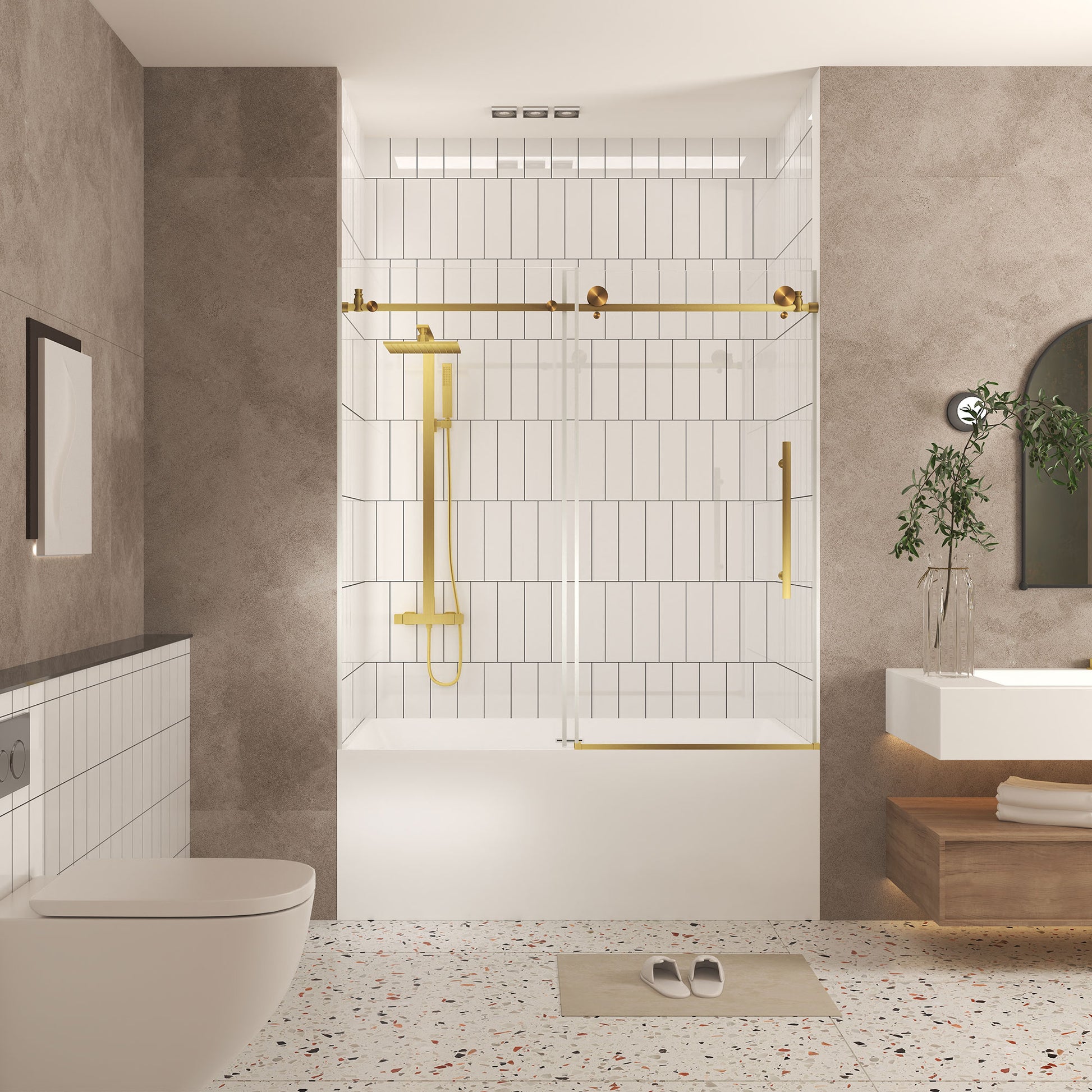 Frameless shower door 56-60 "W x 60" H, 1/4 "(6 mm) Clear Tempered Glass, Explosion Proof Film, Stainless Steel Handle,Brushed Gold image 2