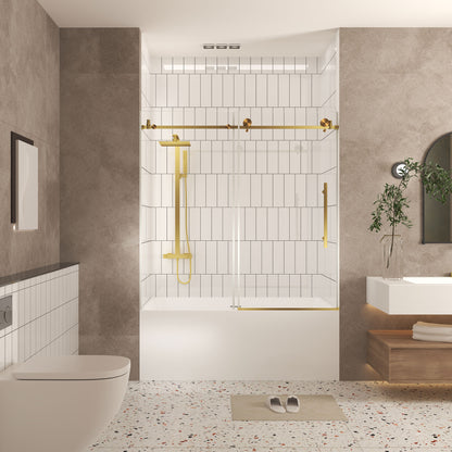 Frameless shower door 56-60 "W x 60" H, 1/4 "(6 mm) Clear Tempered Glass, Explosion Proof Film, Stainless Steel Handle,Brushed Gold image 2