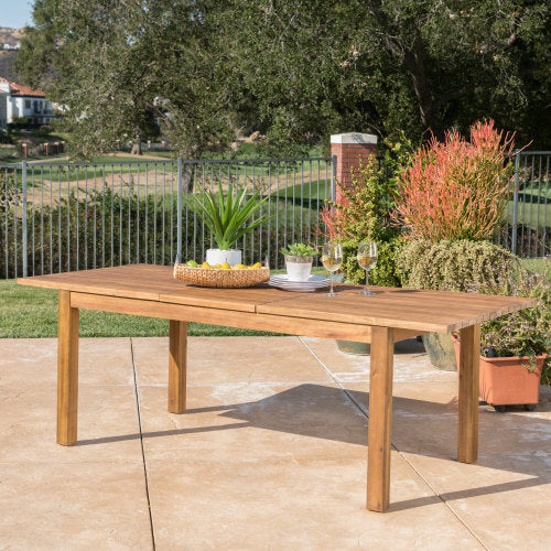 Extendable Acacia Wood Outdoor Dining Table, Teak Finish Rectangular Patio Expandable Table, Weather Resistant Slatted Top for Backyard Garden Porch, Adjustable Length 65.75"-85.43" image 1
