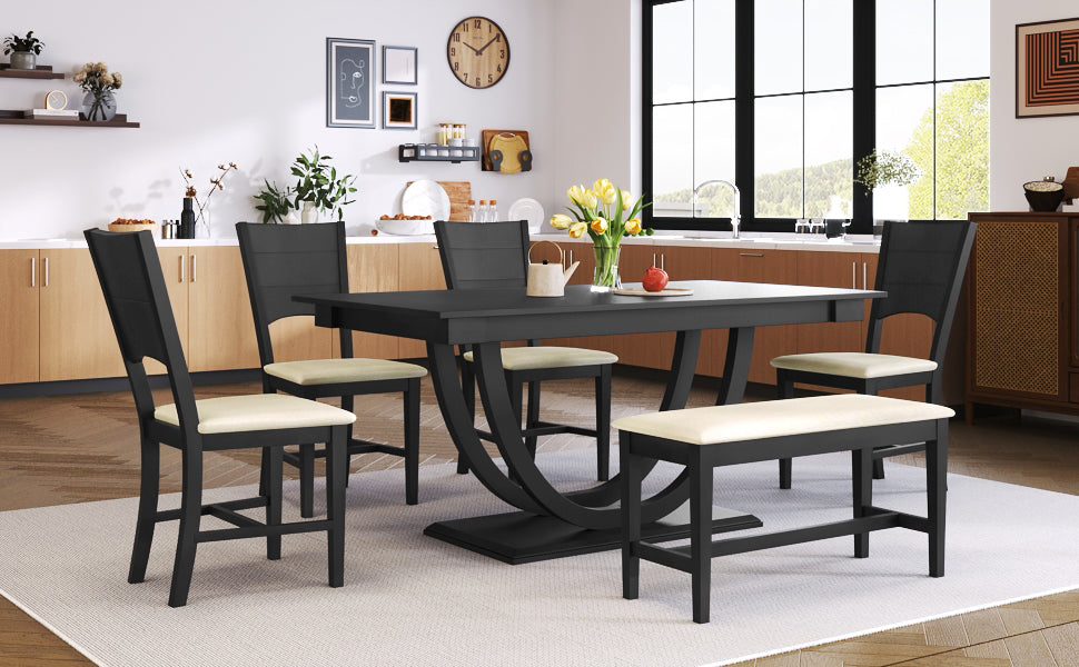 TOPMAX 6-Piece Wood Half Round Dining Table Set Kitchen Table Set with Long Bench and 4 Dining Chairs, Modern Style, Gray image 5