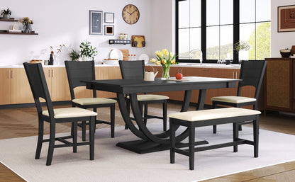 TOPMAX 6-Piece Wood Half Round Dining Table Set Kitchen Table Set with Long Bench and 4 Dining Chairs, Modern Style, Gray image 5