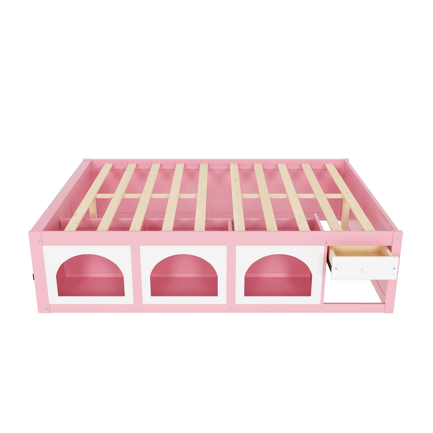 Queen Size Wooden Platform Bed with Bookshelf, Display Cabinet, LED Light and Drawer, Pink+White image 5