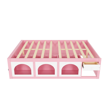 Queen Size Wooden Platform Bed with Bookshelf, Display Cabinet, LED Light and Drawer, Pink+White image 5