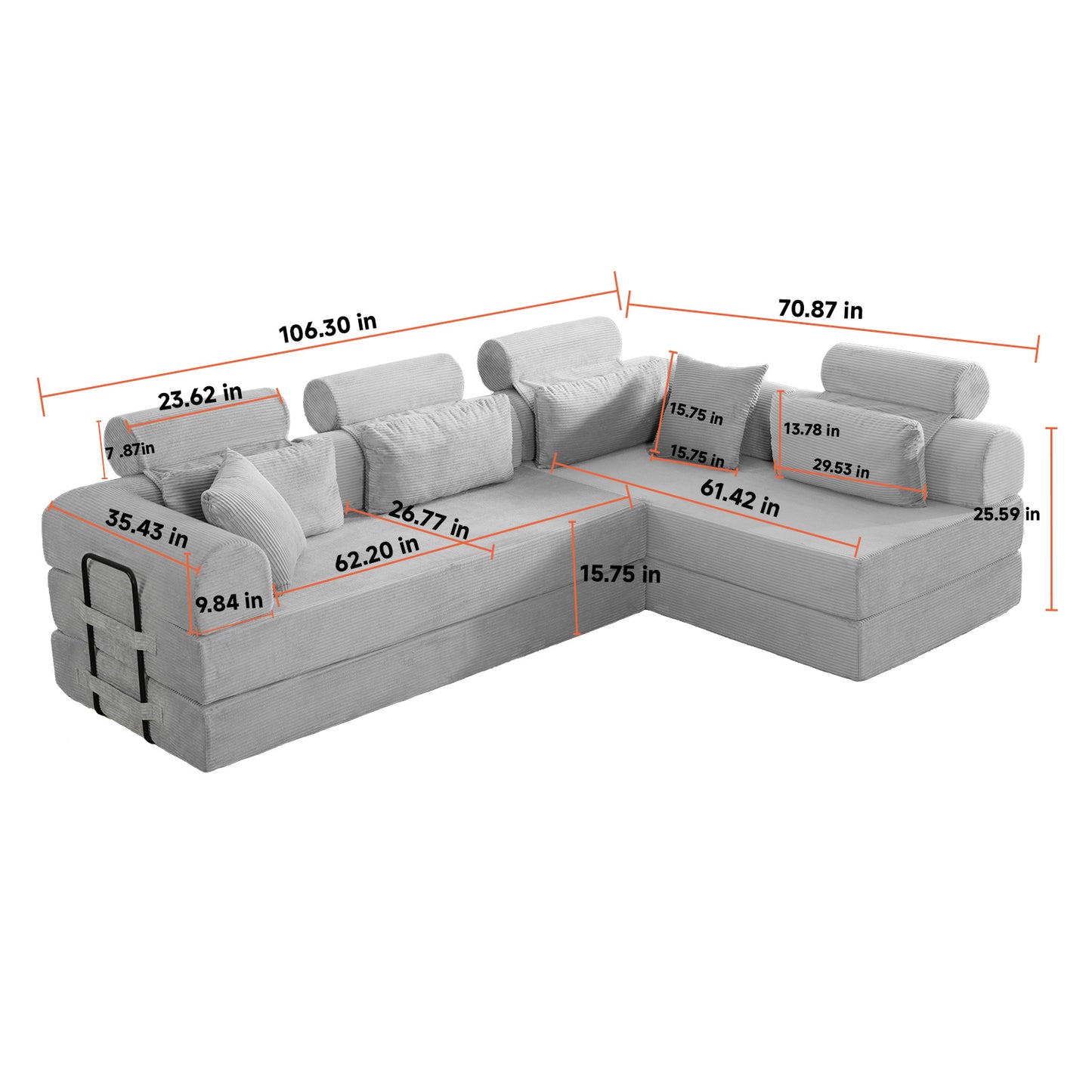 L shape Modular Sectional Sofa, Compressed Sectional Sofa Modern Minimalist Style Corduroy Couch,Unfold into a bed, Bedroom, Comfy Compressed Sofa Couch Space-Efficient Design(Light Gray) image 9