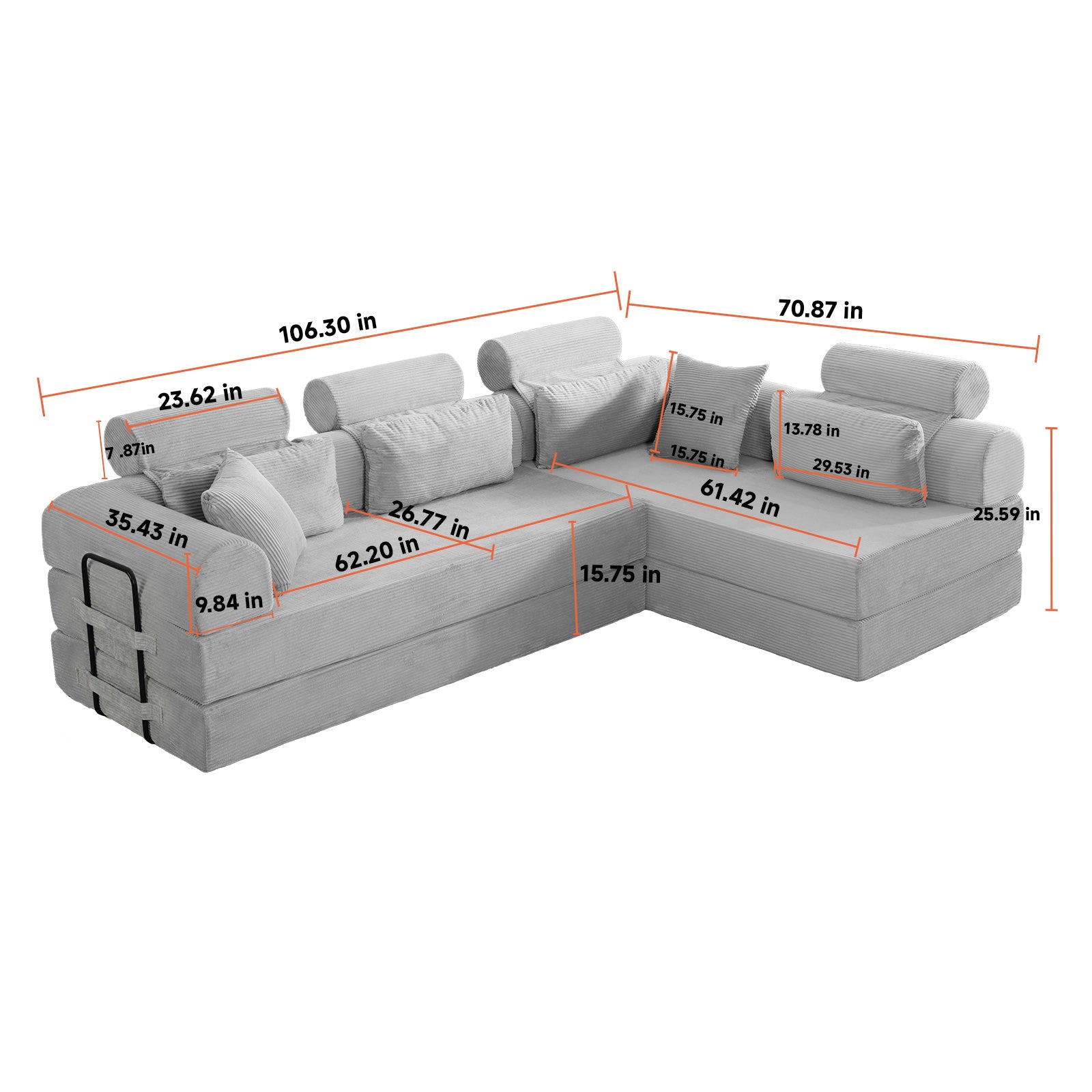 L shape Modular Sectional Sofa, Compressed Sectional Sofa Modern Minimalist Style Corduroy Couch,Unfold into a bed, Bedroom, Comfy Compressed Sofa Couch Space-Efficient Design(Brown) image 9