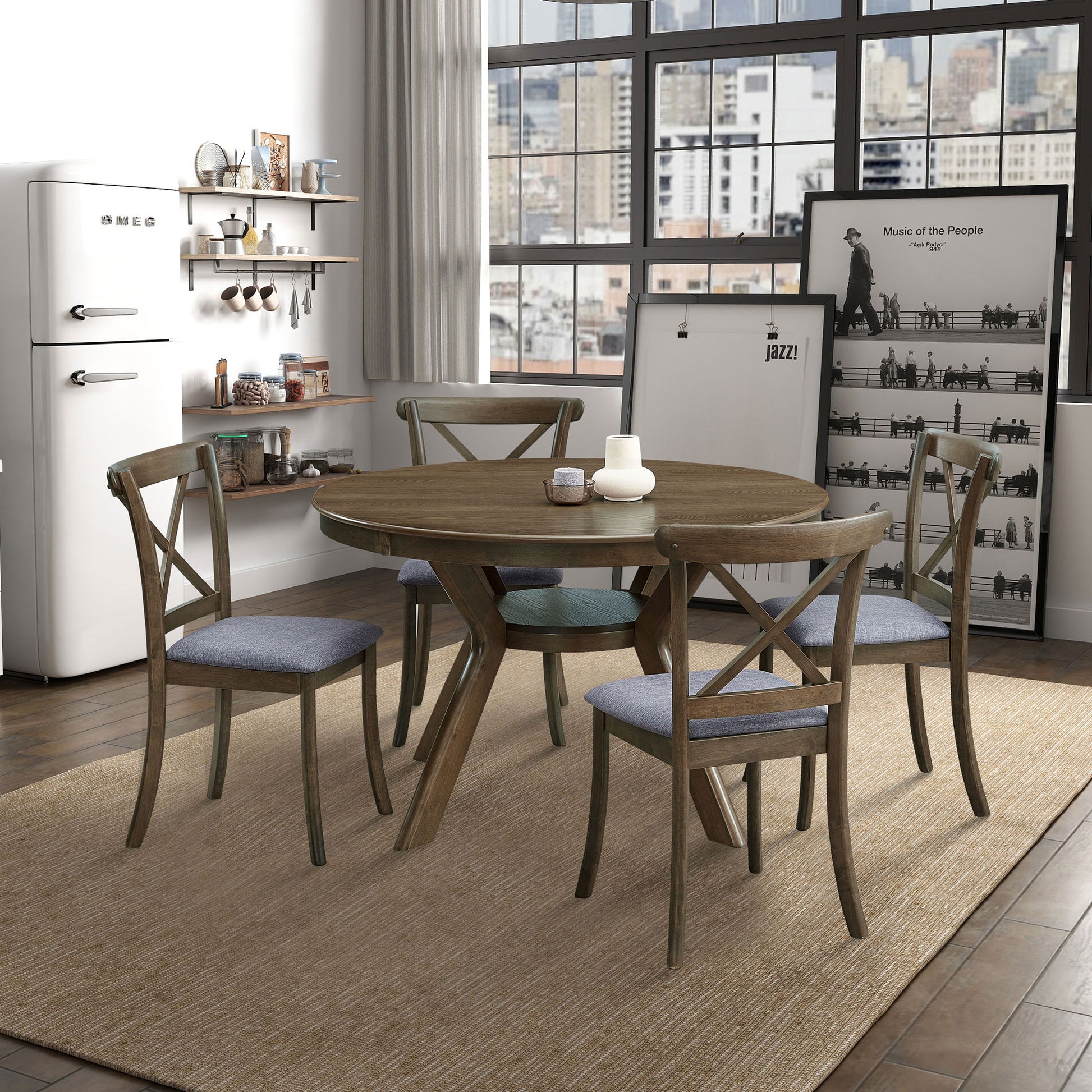 47.24''Round Rubber Wood Dining Table for 4-6 with Wooden Trestle Pedestal Base,Modern Kitchen Wooden Table Dinner Table for Dining Room, Living Room,Oak(1Table) image 5