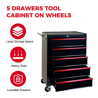 Rolling Metal Tool Chest with 5 Drawers, 20" 5-Drawer Tool Chest Cabinet with Ball Bearing Drawer Slides, Steel Tool Storage Box Organizer -BLACK image 8