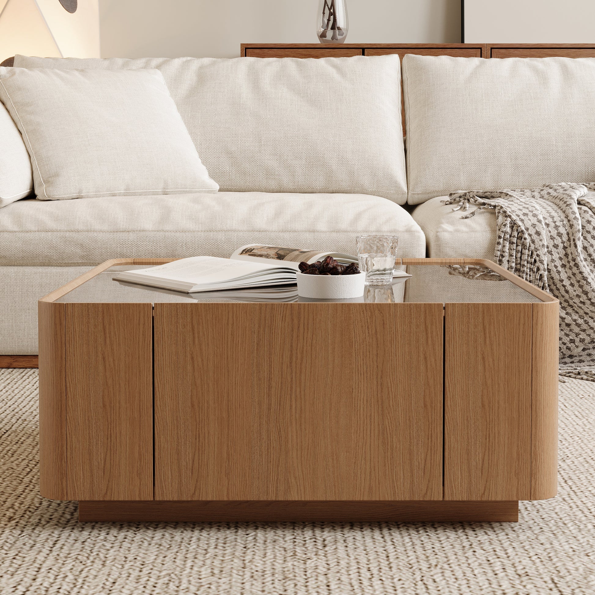 31.5-Inch Square Coffee Table with Storage Drawers,Modern Wooden Coffee Table with Glass Top,Tea Table Center Tables for Living Room Office,Walnut image 3