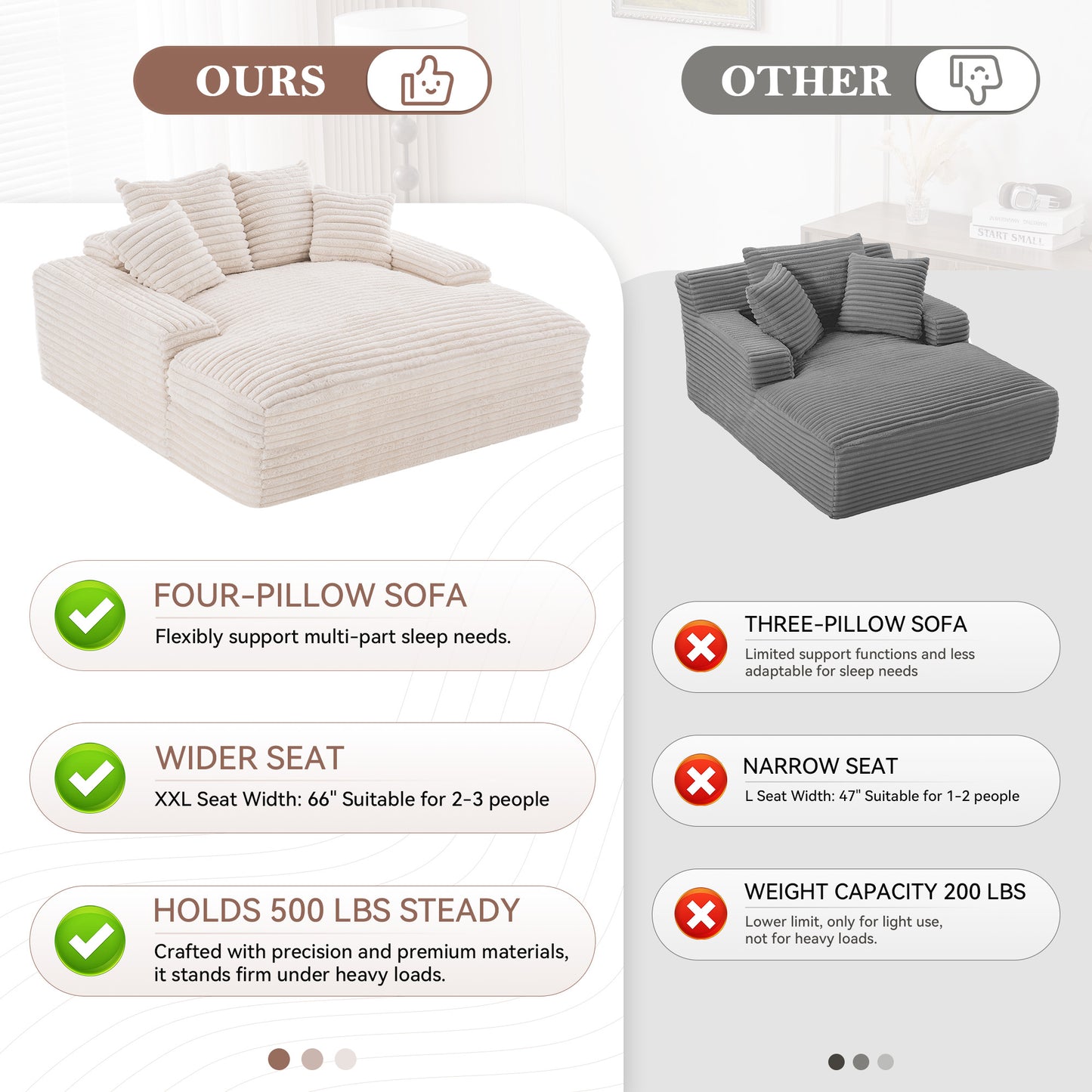 028-Oversized chaise Lounge chair, Upholstered Sleeper Sofa Bed with 4 Throw Pillows and Armrests, Corduroy Fabric Plush Lounge Chair Bed for Living Room, Apartment & Small Spaces, Beige image 4
