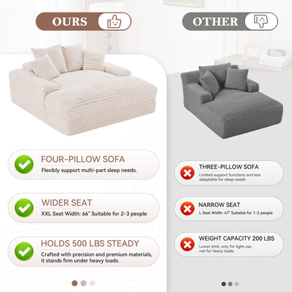 028-Oversized chaise Lounge chair, Upholstered Sleeper Sofa Bed with 4 Throw Pillows and Armrests, Corduroy Fabric Plush Lounge Chair Bed for Living Room, Apartment & Small Spaces, Beige image 4