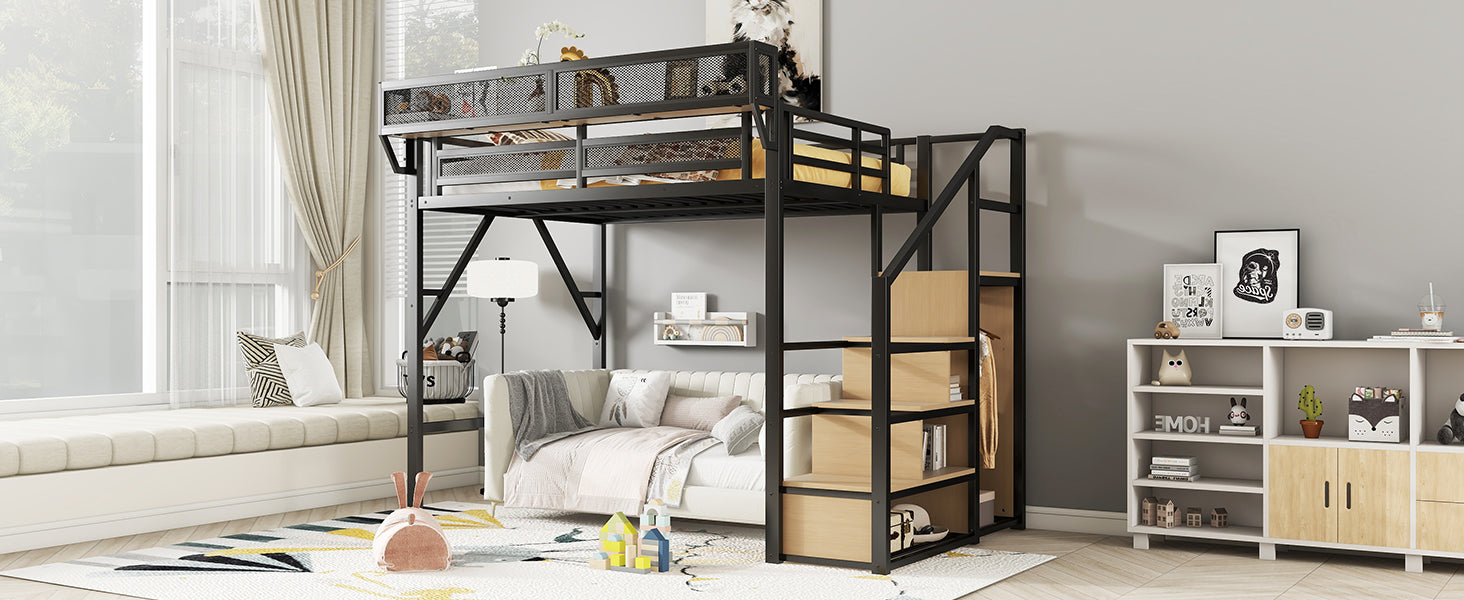 Full Size Loft Bed with Stairs, Metal Full Loft Bed with Storage Shelves, High Loft Bed with Wardrobe for Kids Teens, Black(Old SKU W2580S00029) Patent Products image 12