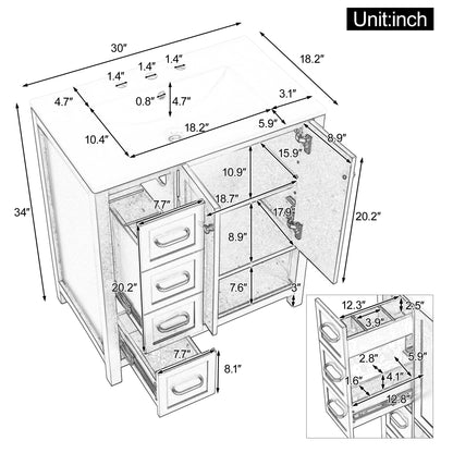 30" Bathroom Vanity with Sink Top, Bathroom Vanity Cabinet with Two Doors and Two Drawers, Solid Wood, Open shelf, MDF Boards, One Package, Blue Gray image 6
