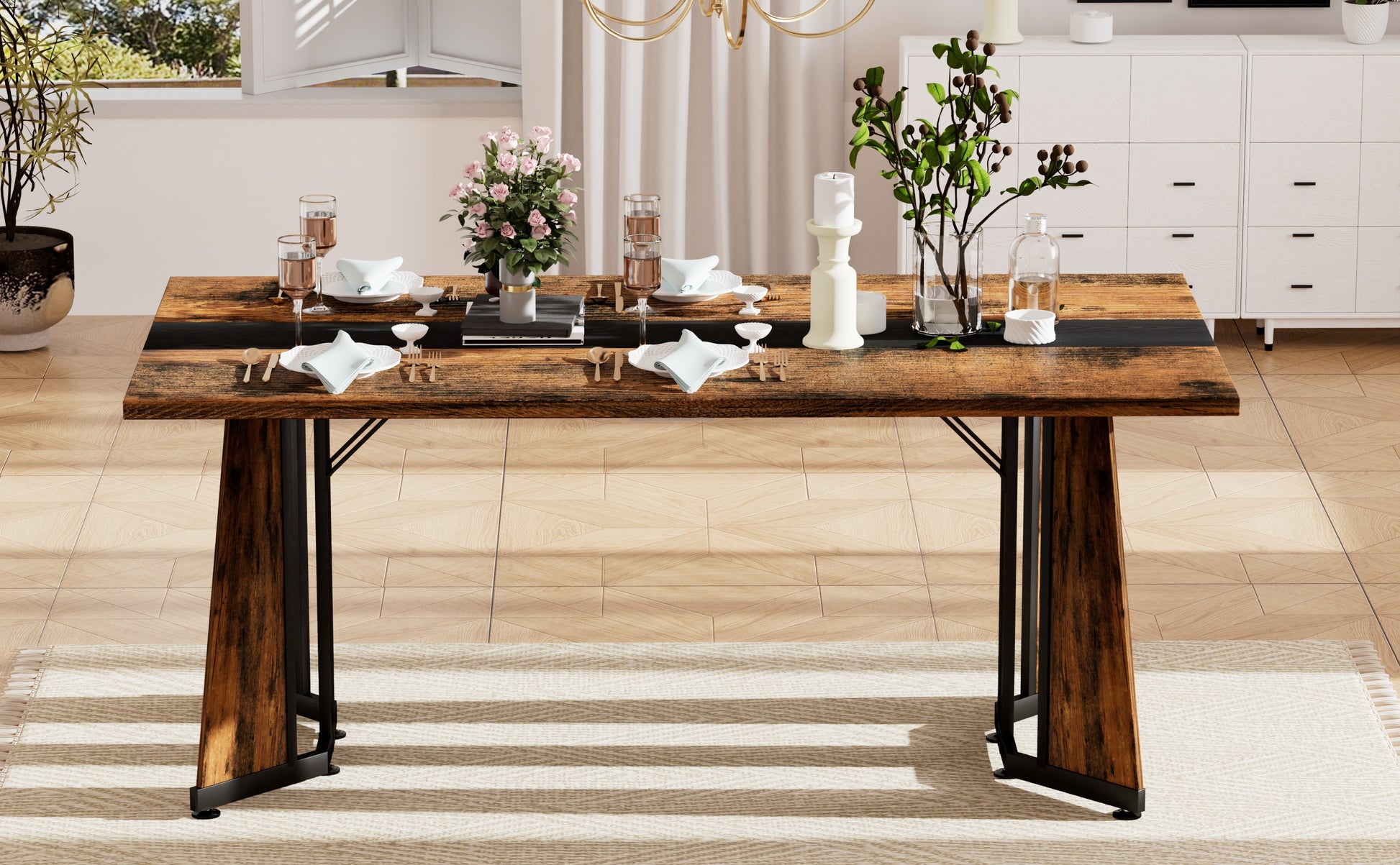 70.9"Rectangular Large Dining Table, Waterproof Large Desk for 8 People, Deluxe Family Dining Table with Adjustable Legs for Kitchen,Living Room,Office, Rustic Brown,70.9''W x 35.4''D x 30.3''H image 6