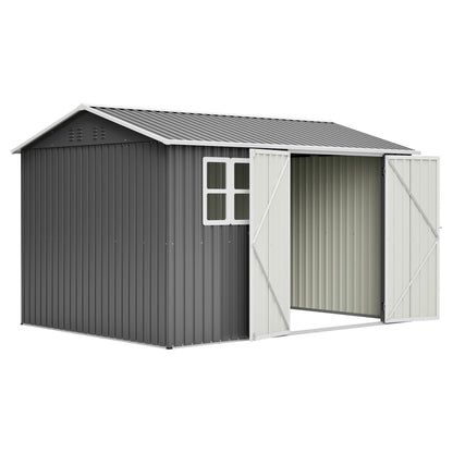 10'x8' Oversized Steel Storage Shed with Window, Lockable Doors & Sloped Roof, Heavy Duty Outdoor Tool Shed for Garden, Patio, Backyard, Lawn - Dark Gray image 10