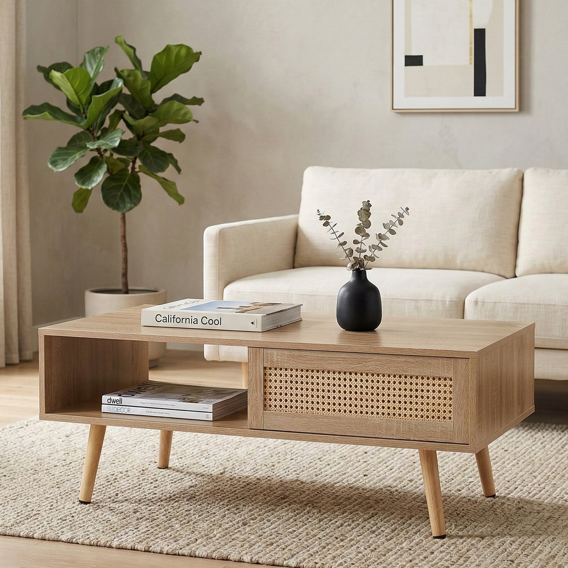 41.34" Rattan Coffee table, sliding door for storage, solid wood legs, Modern table for living room, natural image 2