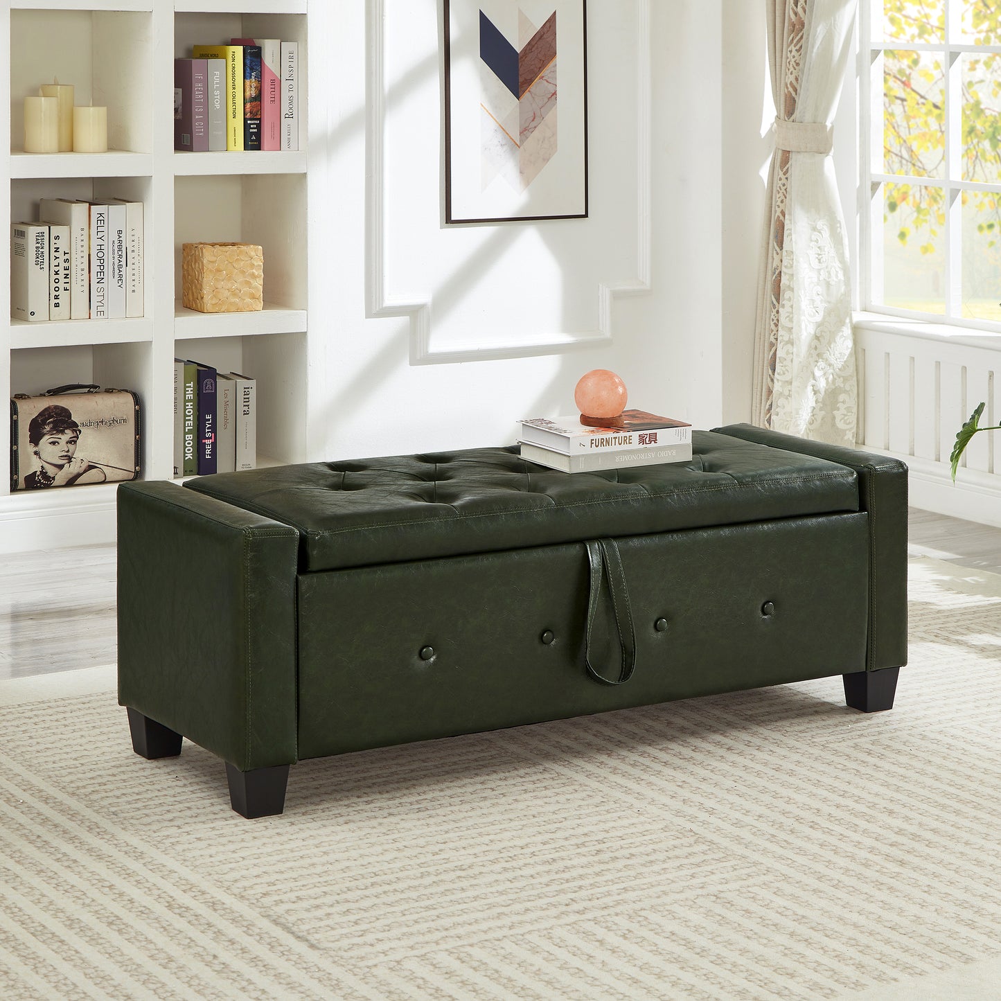 48" Ottoman Bench with Storage, Bench for Bedroom,Living Room,Hallway, Upholstered Tufted Faux Leather PU Ottoman Dark Green image 2