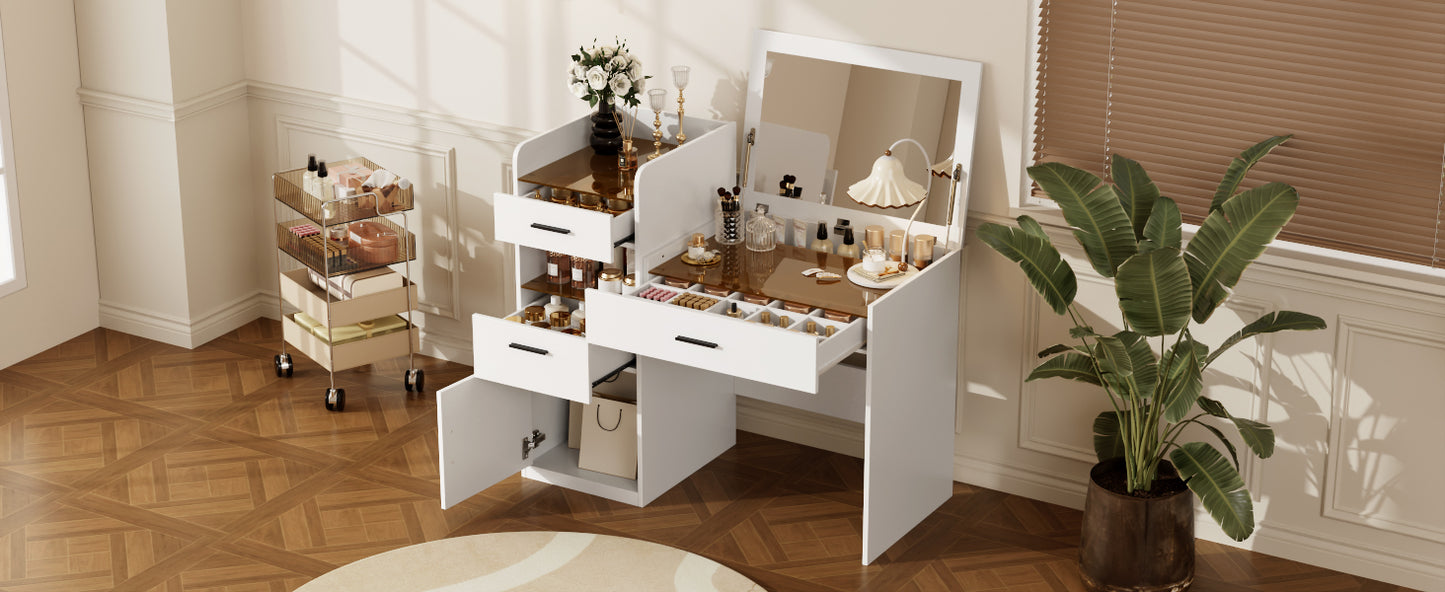 3-in-1 Vanity Desk with Flip Top Mirror, Glass Top Compact Makeup Vanity & Hidden Storage, Vanity Table with 3 Drawers and Cabinet, Space-Saving Dressing Tablefor Bedroom, White image 9