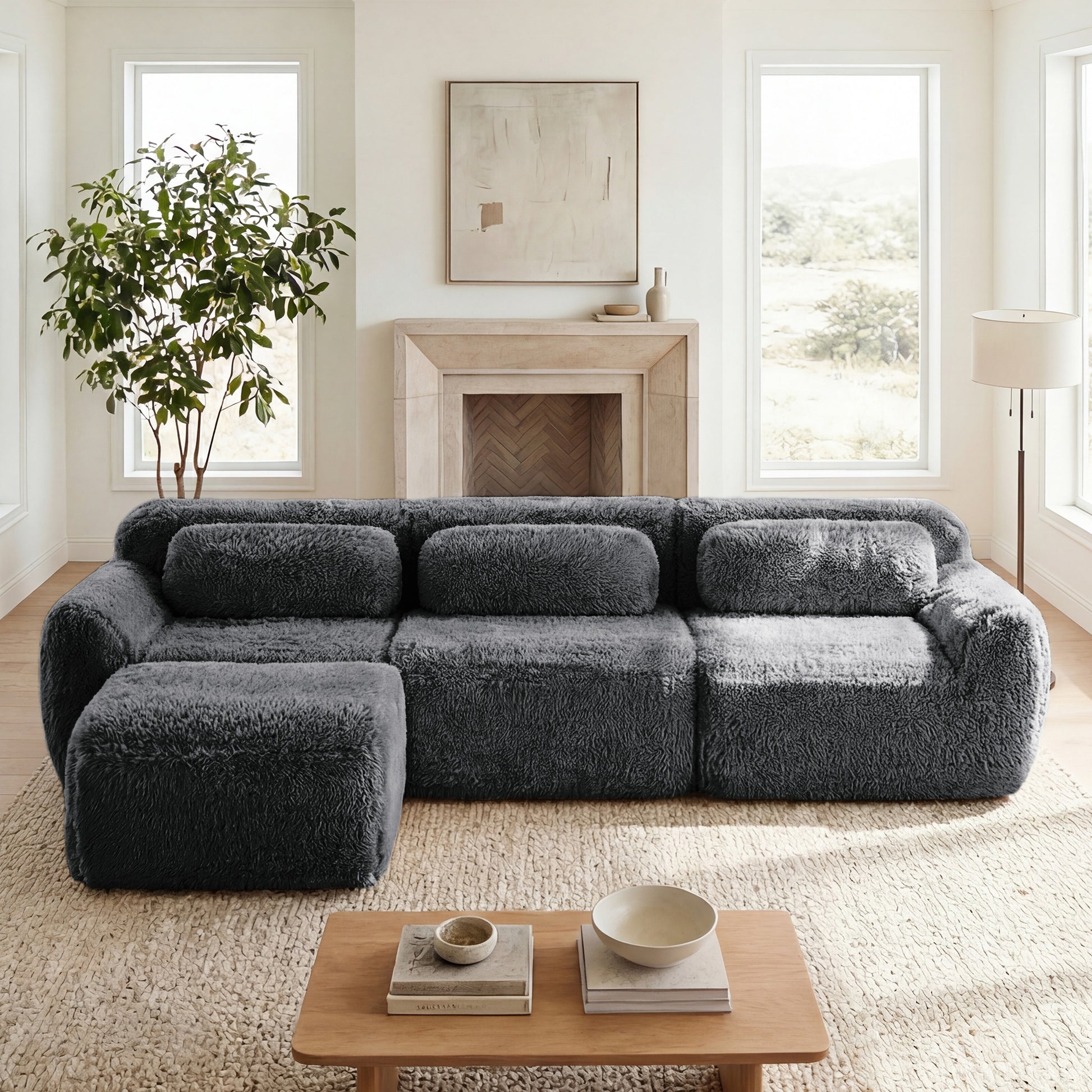 L-shaped Soft And Fluffy Plush Fabric,Boneless Sofa,With Throw Pillows 32D High Density Sponge,No Assembly Required Bottom,Anti-Slip Design Buckle Connection,Movable Ottoman For Living Room,Dark Grey image 1