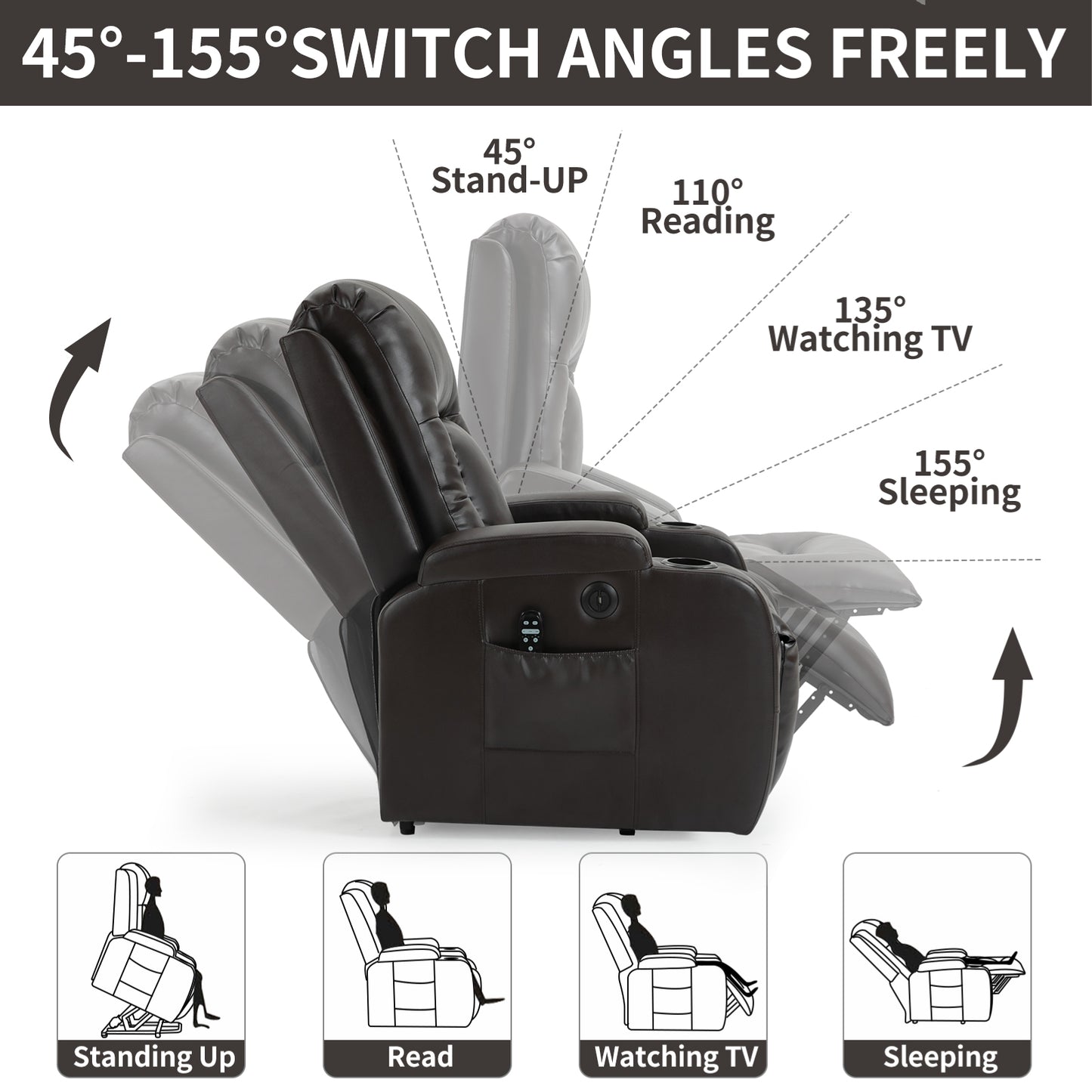 Infinite Position Up to 350 LBS Power Lift Recliner Chair for Elderly, Heavy Duty Motion Mechanism with 8-Point Vibration Massage and Lumbar Heating, USB Charging Port, Cup Holders, Brown image 6