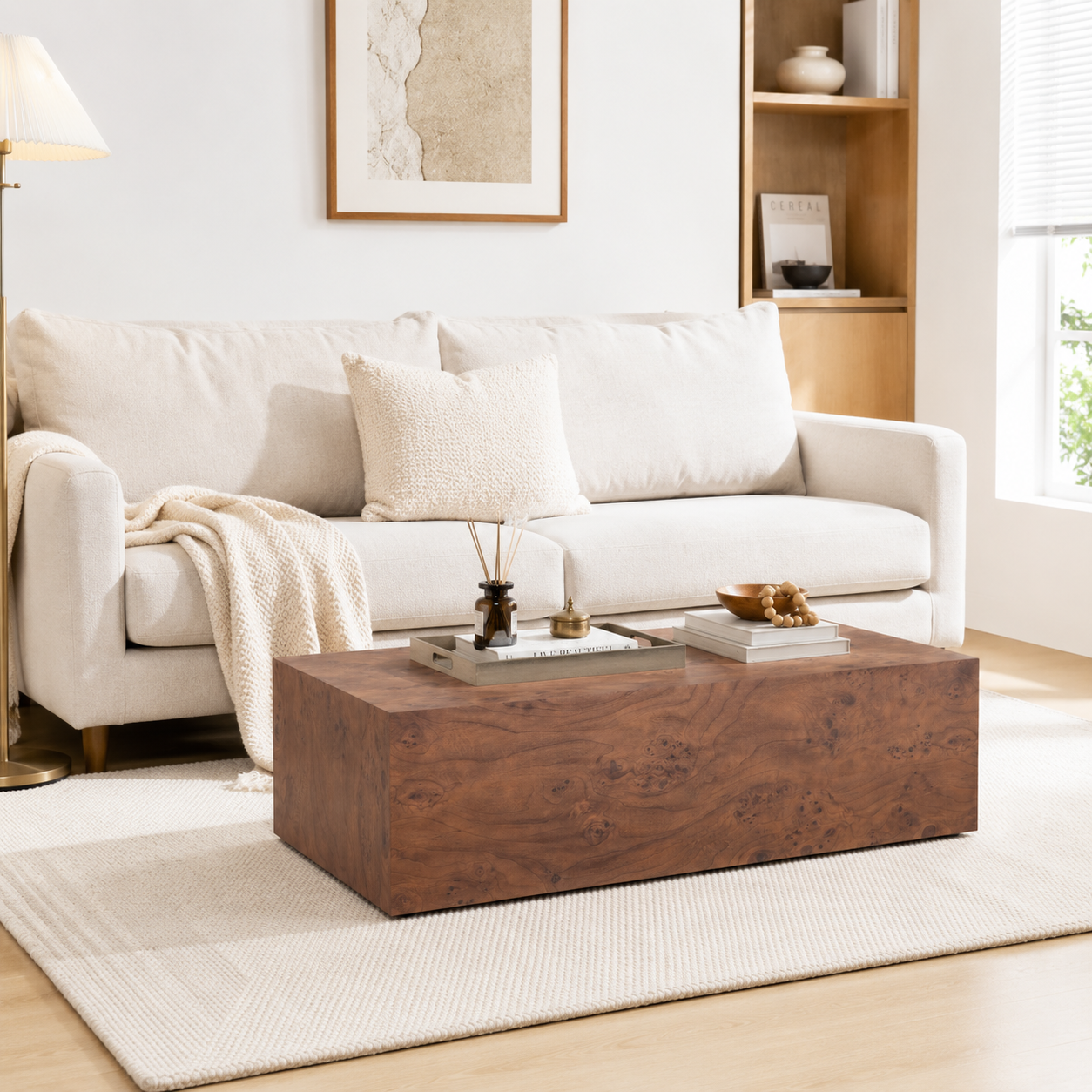 Premium Burl Walnut Veneer MDF Cube Table, Height Adjustable Multi-purpose Coffee Side End Table for Living Room, 39.4"×21.7"×11.8", No Extra Items Included image 3