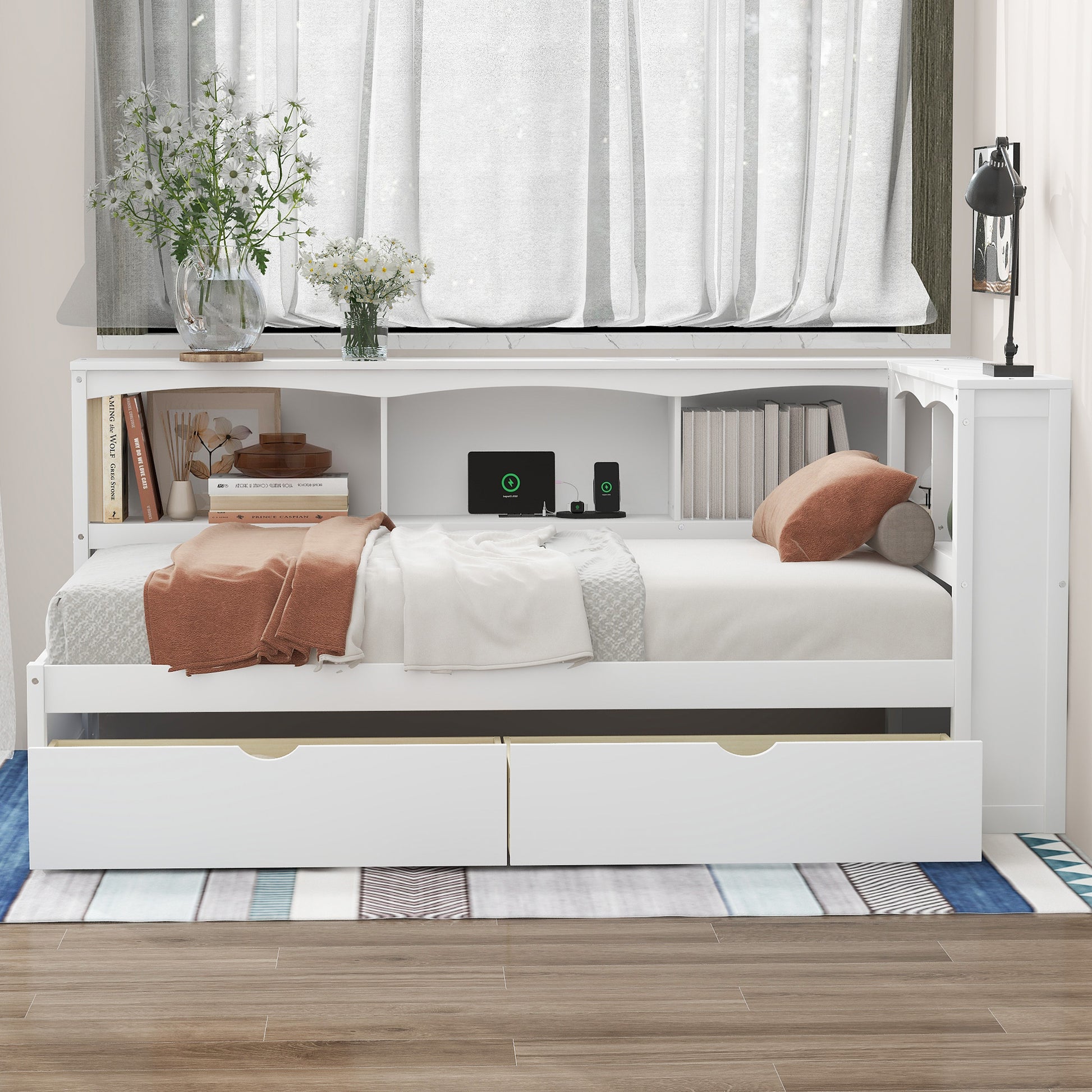 Twin Size Daybed with Two Storage Drawers, Storage Cabinets and USB Ports, White image 2