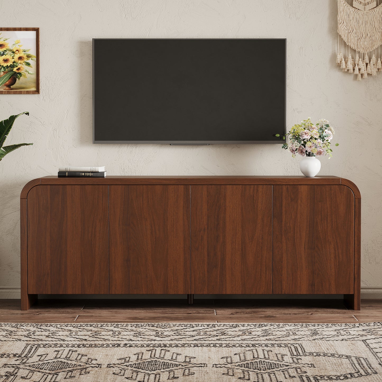 Farmhouse Curved Edge TV Stand with Large Cabinets for TVs up to 70", Minimalist Wood Grain Media Console with Cable Management, Mid Century TV Cabinet with Adjustable Shelves for Living Room, Walnut image 2