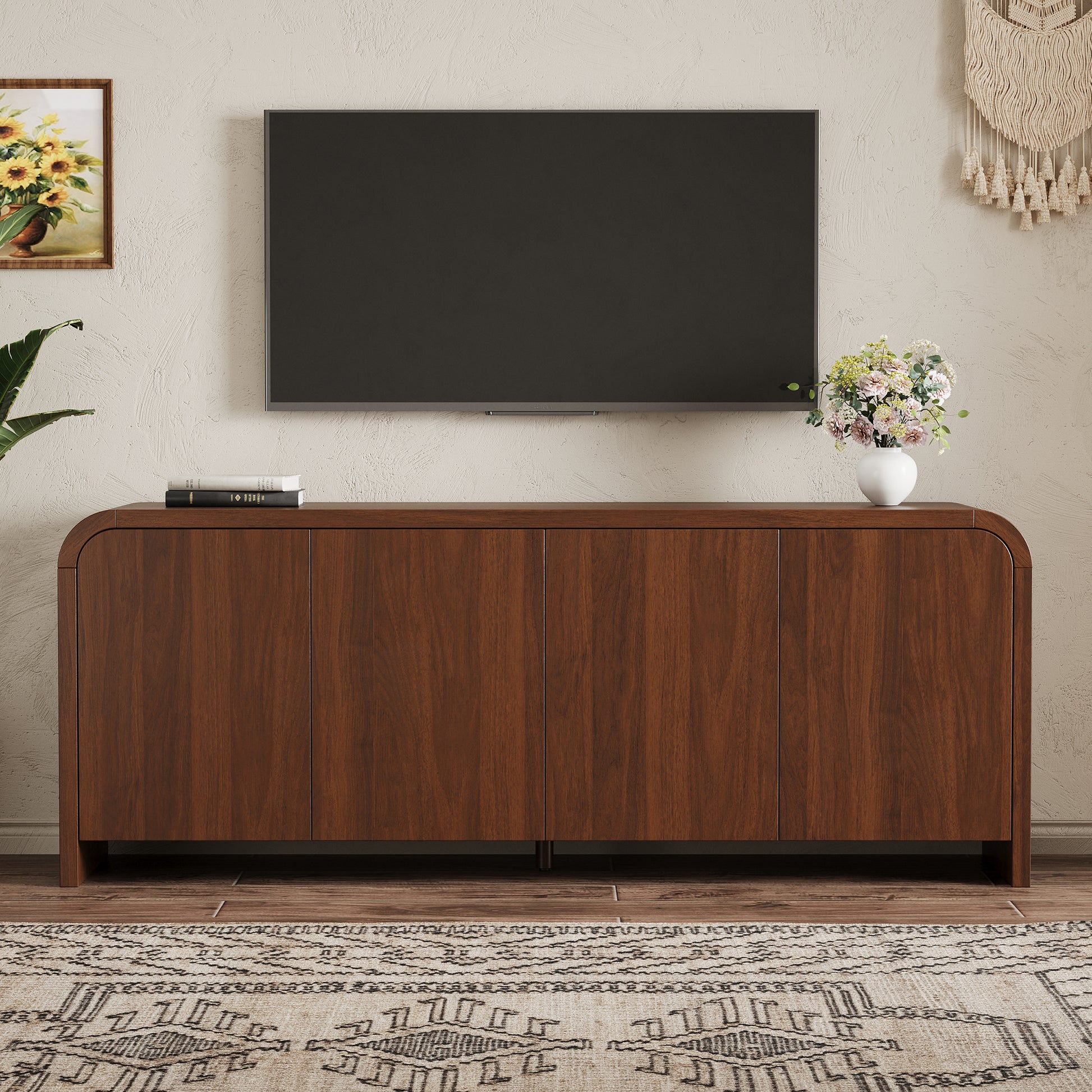 Farmhouse Curved Edge TV Stand with Large Cabinets for TVs up to 70", Minimalist Wood Grain Media Console with Cable Management, Mid Century TV Cabinet with Adjustable Shelves for Living Room, Walnut image 2