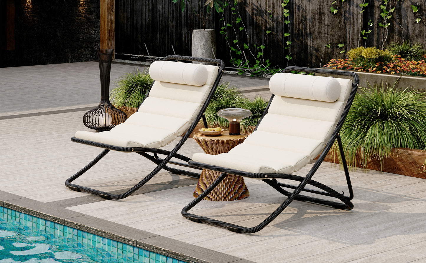 TREXM 2-Pieces Outdoor Folding Chair, Rattan-Wrapped Patio Chair with Adjustable Backrest, Thick Cushion, and Detachable Headrest,for the Poolside, Beach, Backyard, Decck, and Camping (Black) image 3