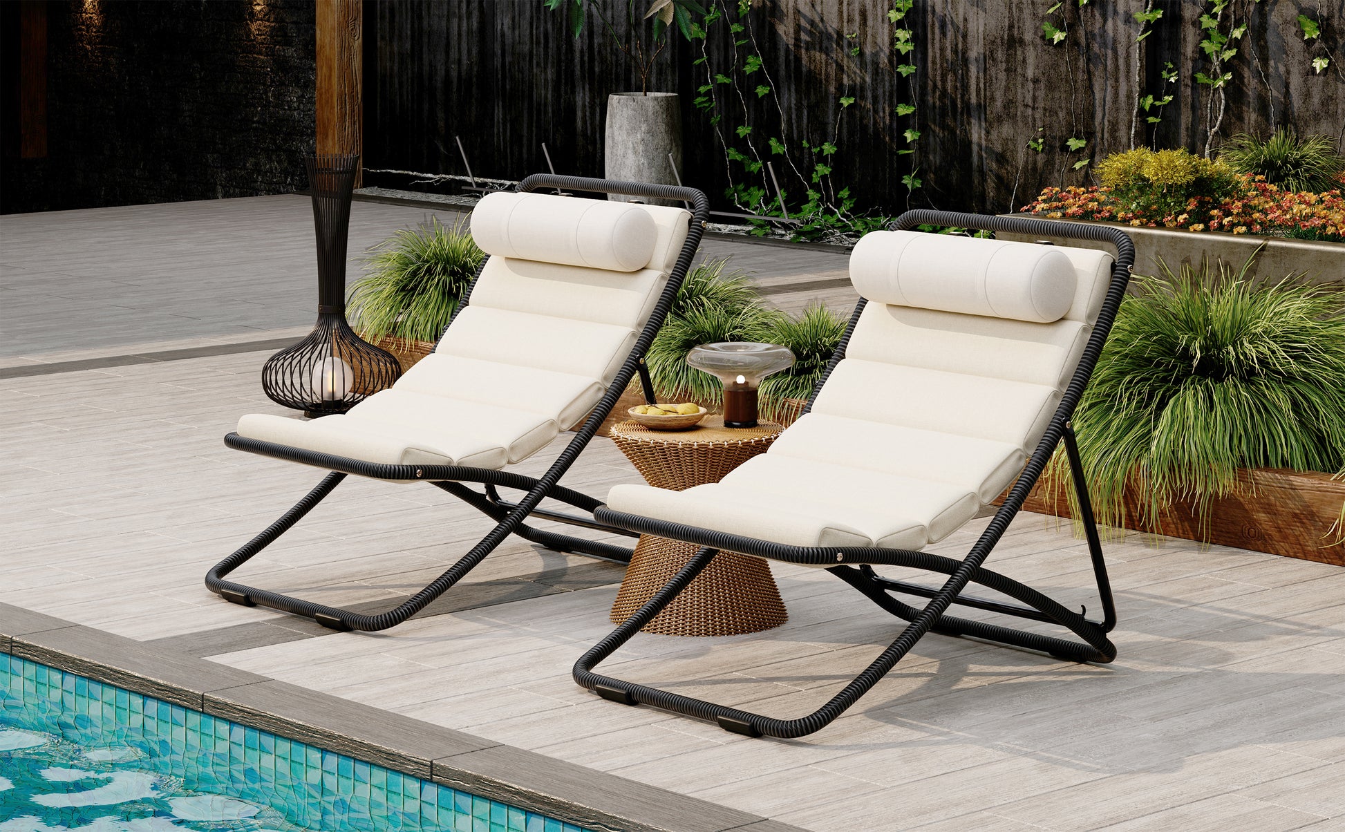 TREXM 2-Pieces Outdoor Folding Chair, Rattan-Wrapped Patio Chair with Adjustable Backrest, Thick Cushion, and Detachable Headrest,for the Poolside, Beach, Backyard, Decck, and Camping (Black) image 3