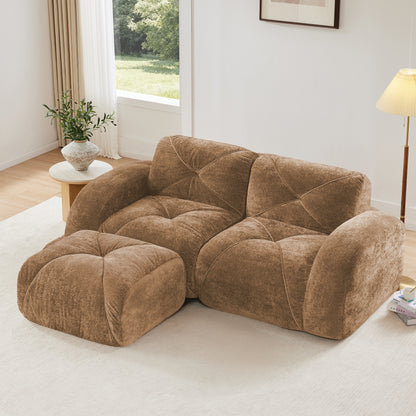 L-Shaped Boneless Sofa,Soft Velvet Fabric,Tufted Design,32D High Density Sponge,No Assembly Required,Ergonomic Design Bottom, Anti-Slip Design,Movable Ottoman for Bedrooms,Camel image 1