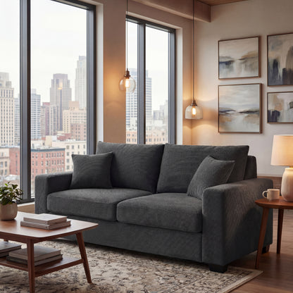 69-inch two-seater Sofa with Textured Fabric, Comfortable Upholstered Couch with 2 Throw Pillows and Sturdy Plastic Legs for Living Room, Apartment, Office, Dark Grey image 1
