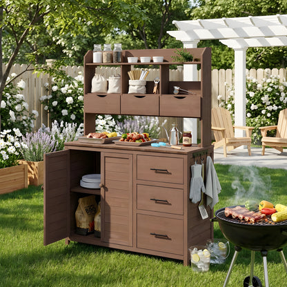 (With Assembly Video) TOPMAX Farmhouse Patio Potting Bench, 44.6''x19.5'' Large Freestanding Garden Workstation with 6 Drawers, Bottom Cabinet and Side Hook, Outdoor Kitchen Island, Brown image 2