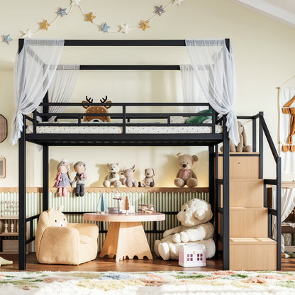 Full Loft Bed with Storage Stairs and Wardrobe, Metal Loft Bed with Canopy Frame, Ample Underbed Spaces Design, Black image 3