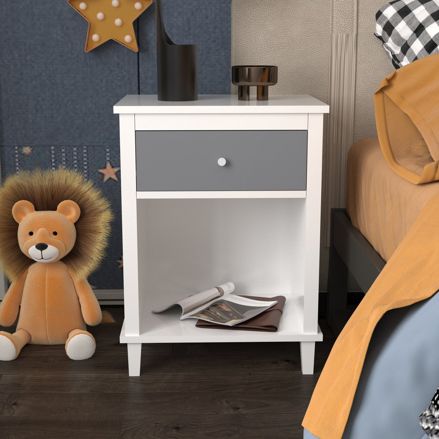 26.77''H Wooden Nightstand with One Drawer One Shelf for Kids, Adults,Gray+Silver handle image 3
