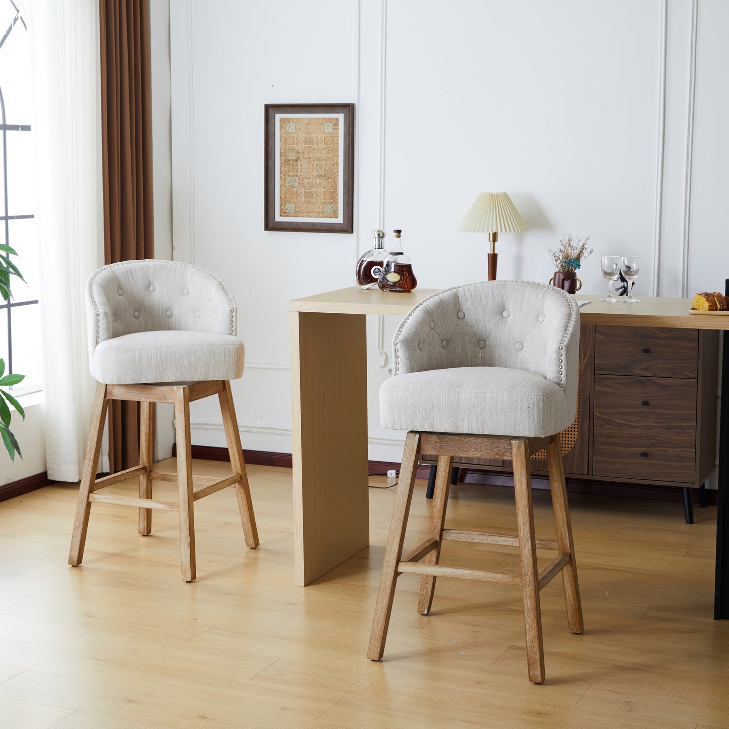 33.25" Swivel Counter Stools Set of 2, Upholstered Counter Height Bar Stools with Solid Rubber Wood Frame, Backrest, Footrest, Armless Barstools for Home Bar, Kitchen Counter, Natural + Beige image 6